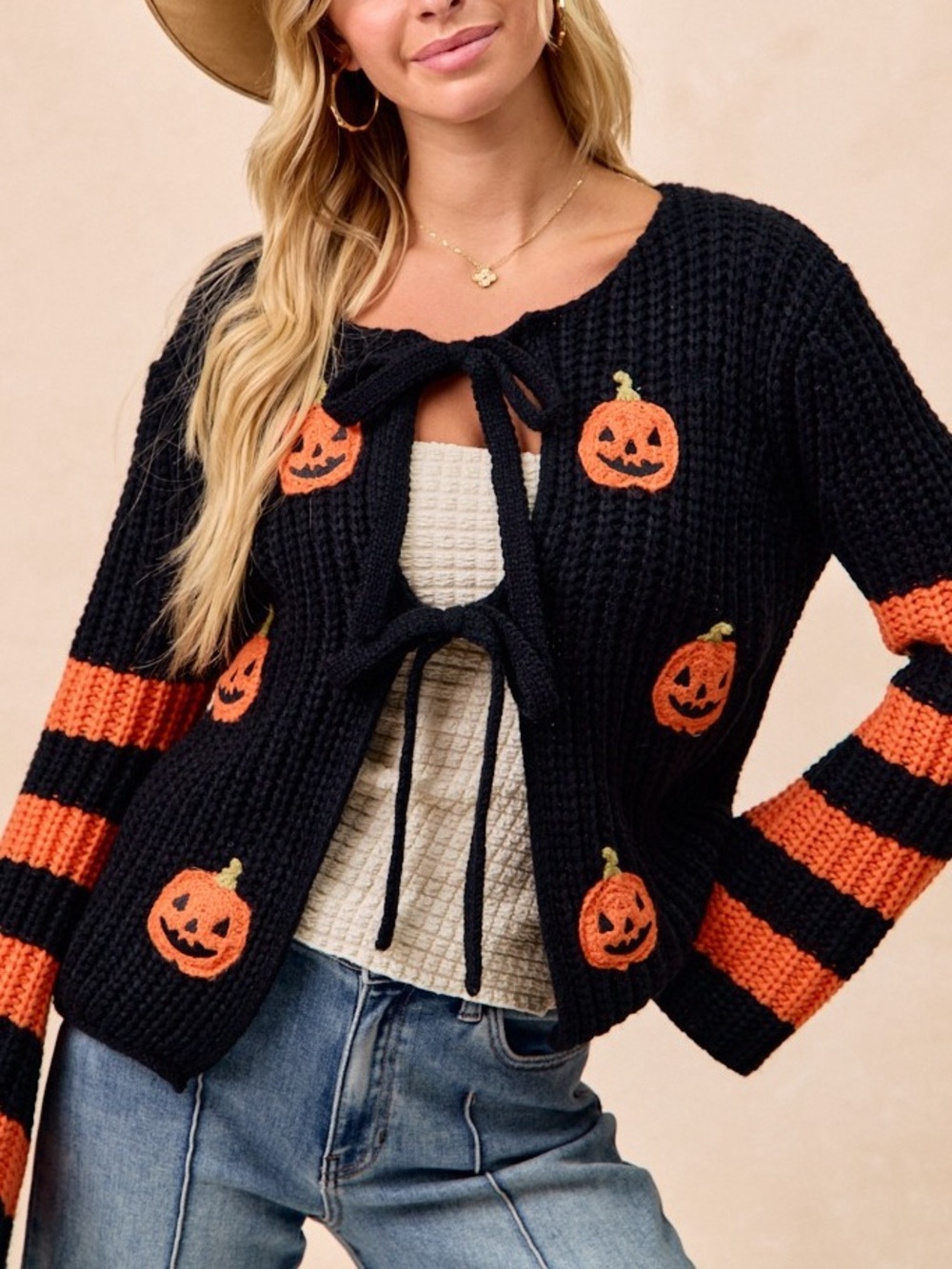 Black & Orange Halloween Pumpkin Tie-Front Cardigan Sweater